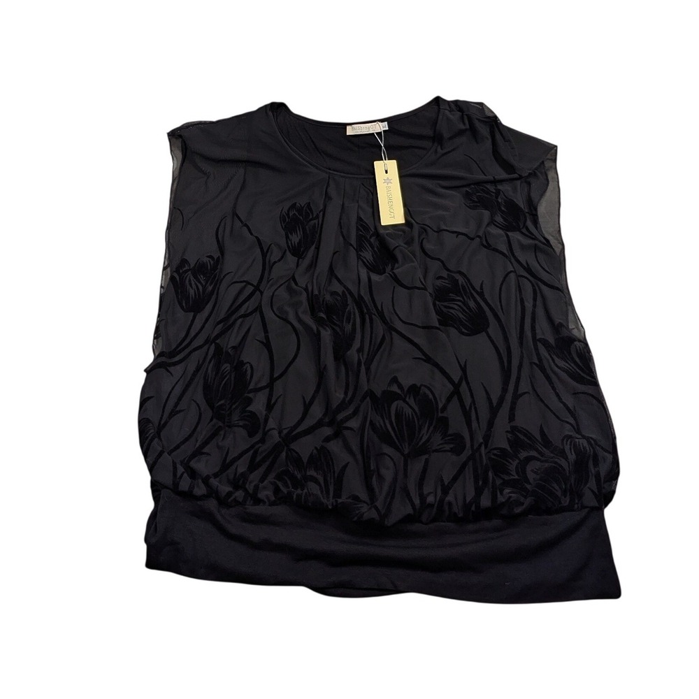 BaiShengGT Women Velvet Floral Burnout Mesh Top XL Black